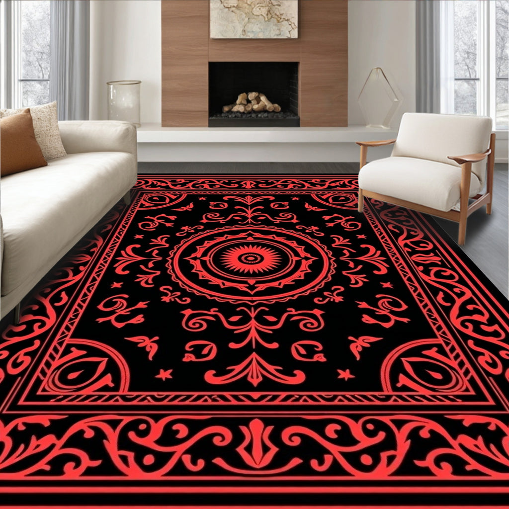 Bold Red Floral Ornamental Design Rug