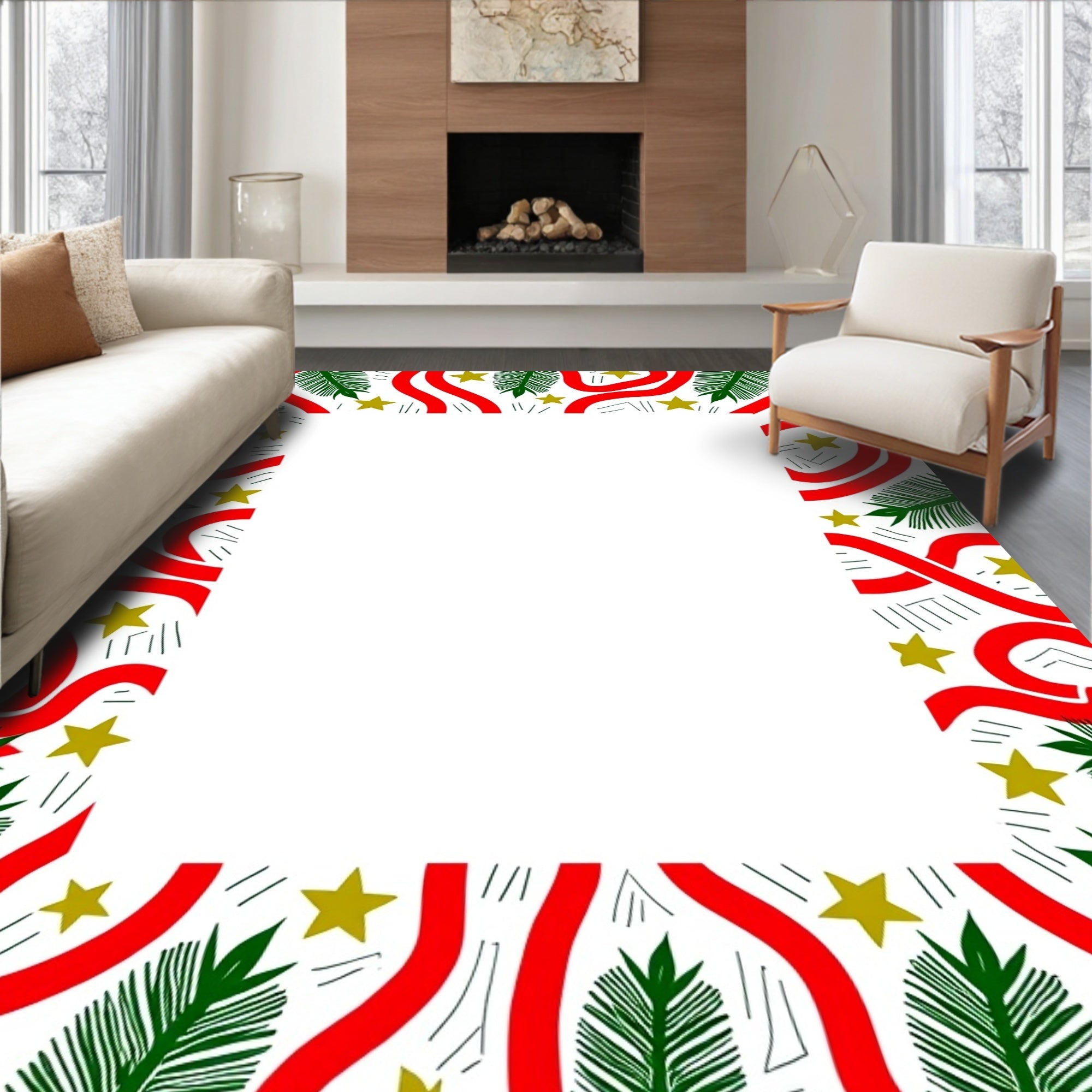 Red Ribbon Green Fern Golden Starburst Rug