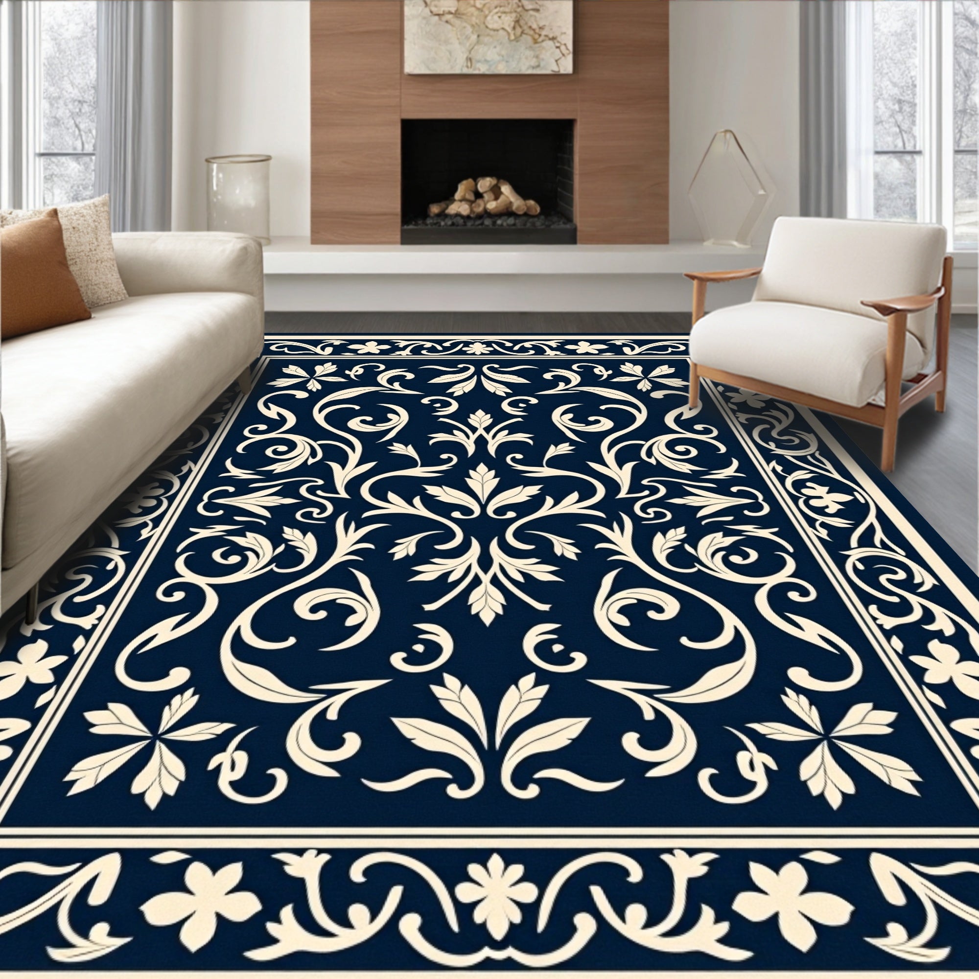 Elegant Ivory Swirl Floral Classic Design Rug