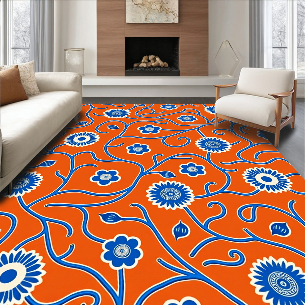 Bold Blue Floral Vine Pattern Rug