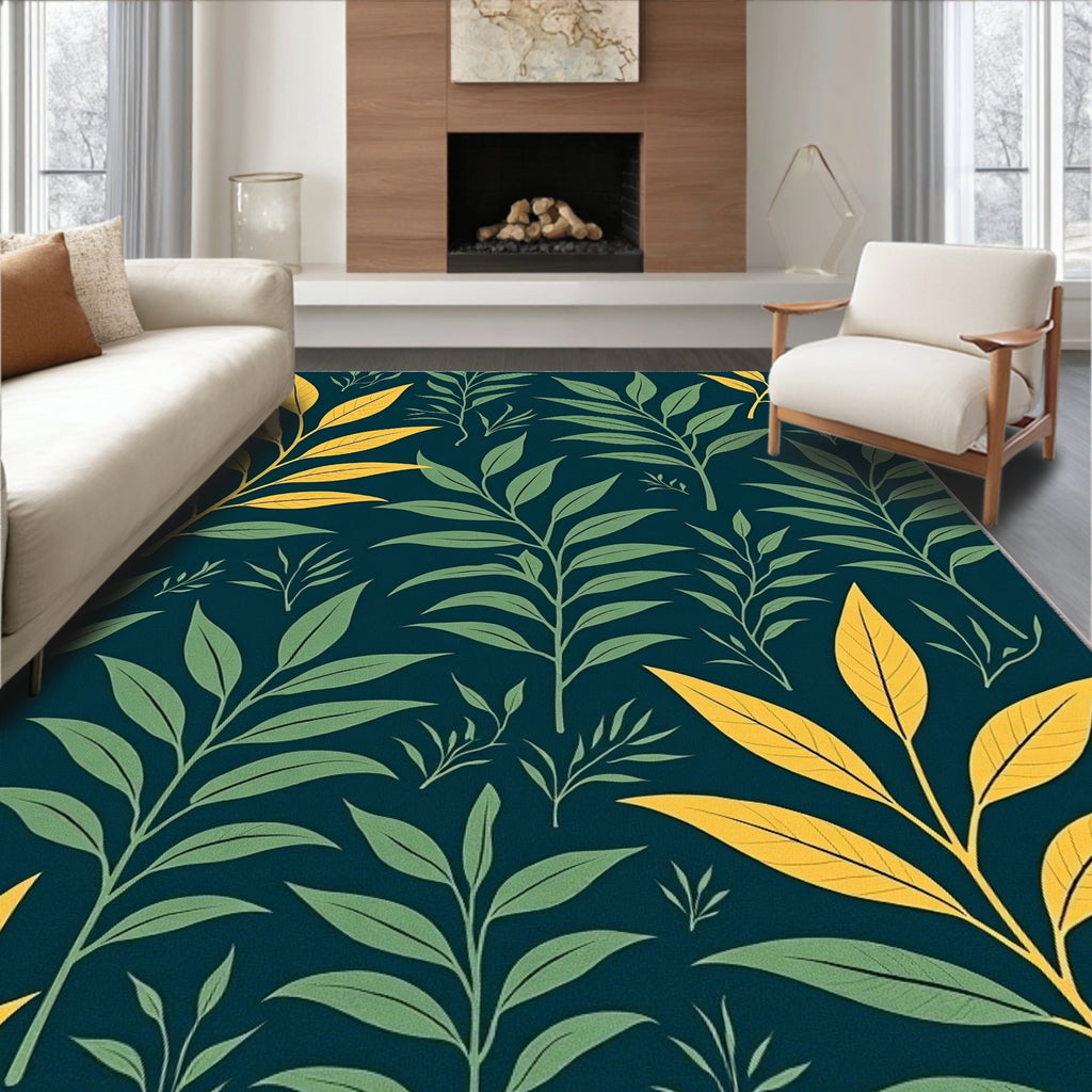 Green and Yellow Leaf Pattern Rug