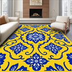 Vibrant Blue Yellow Floral Tile Pattern Rug