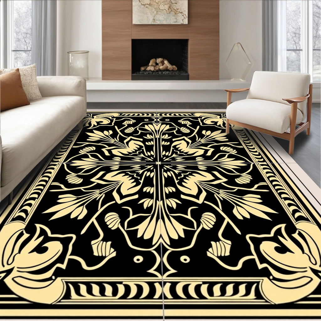 Art Nouveau Floral Black Gold Pattern Rug