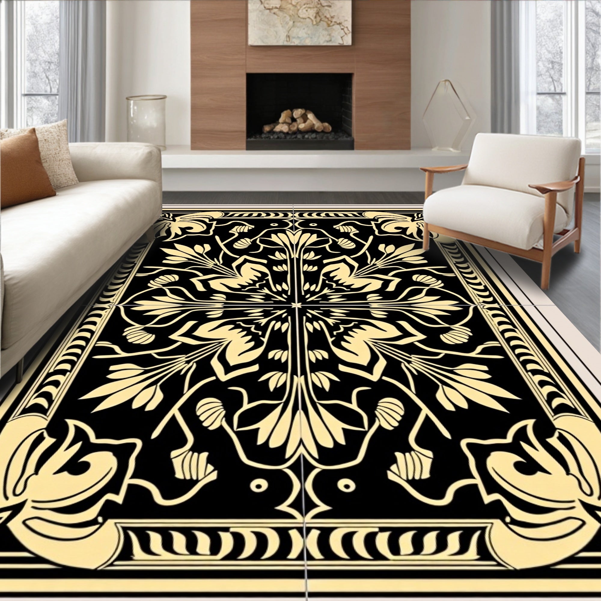 Art Nouveau Floral Black Gold Pattern Rug