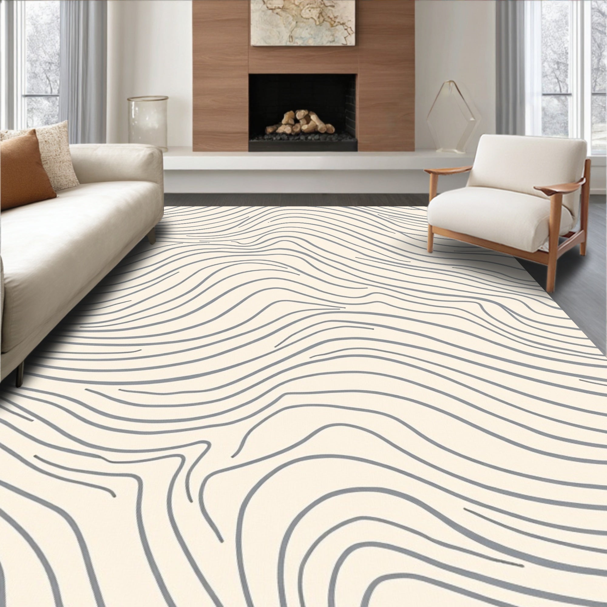 Abstract Wavy Lines on Cream Rug