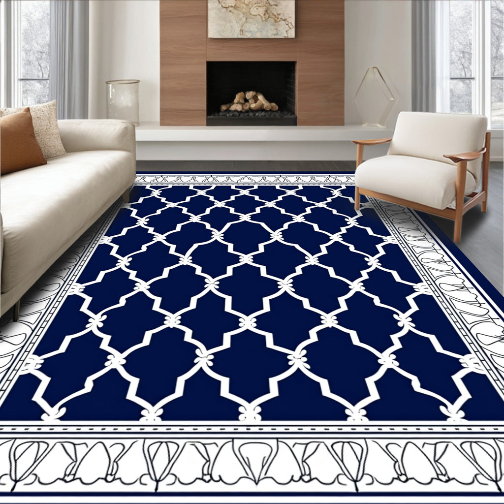 Classic White Lattice On Navy Rug