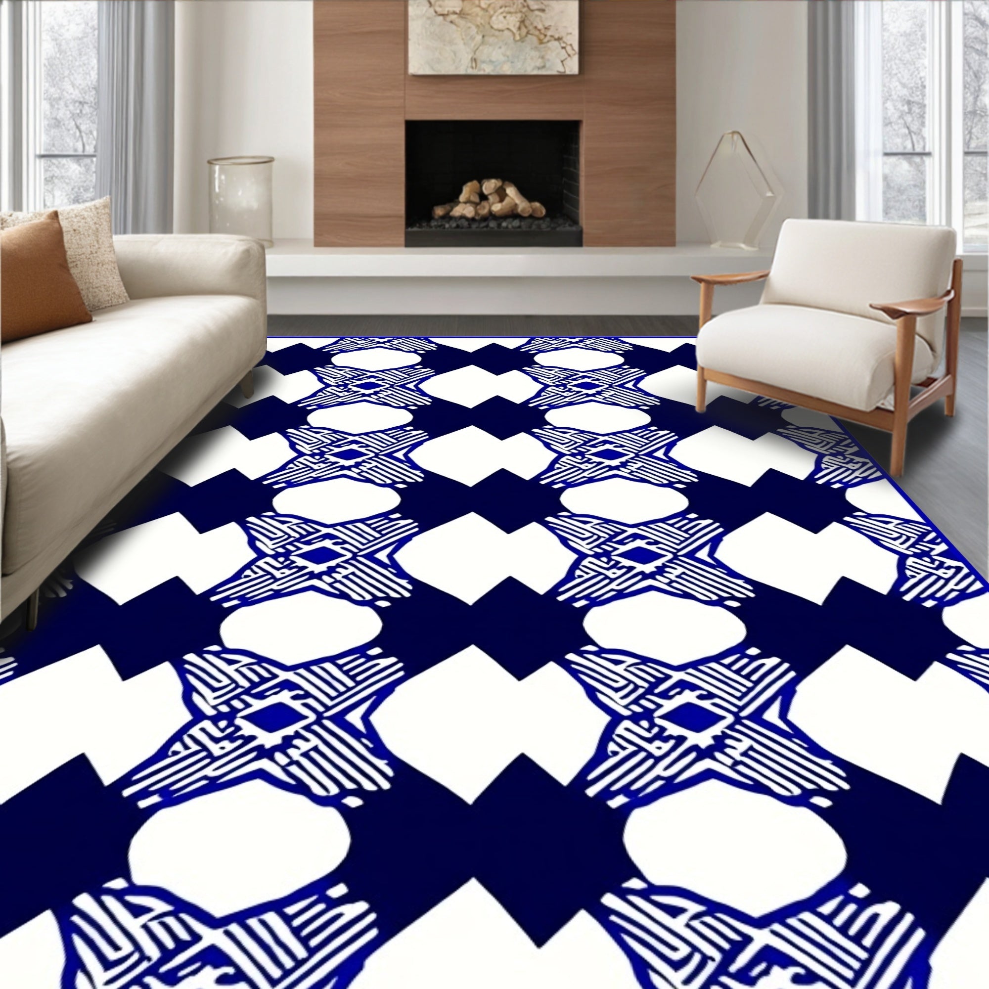 Blue White Interlocking Geometric Pattern Rug