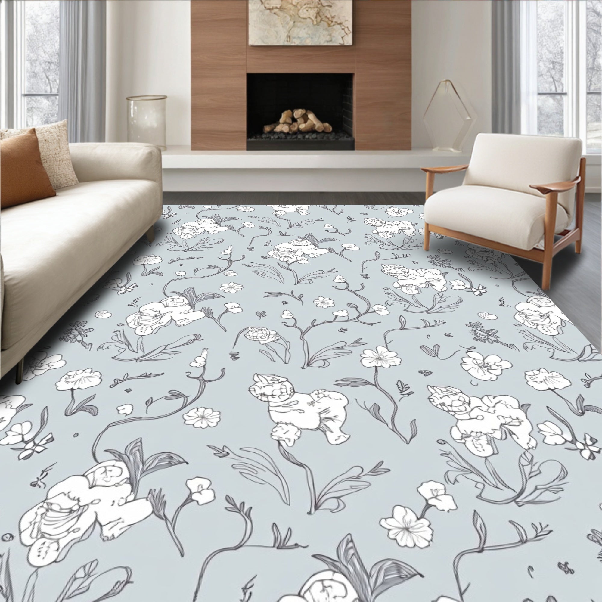 Whimsical Dog Floral Illustration Rug