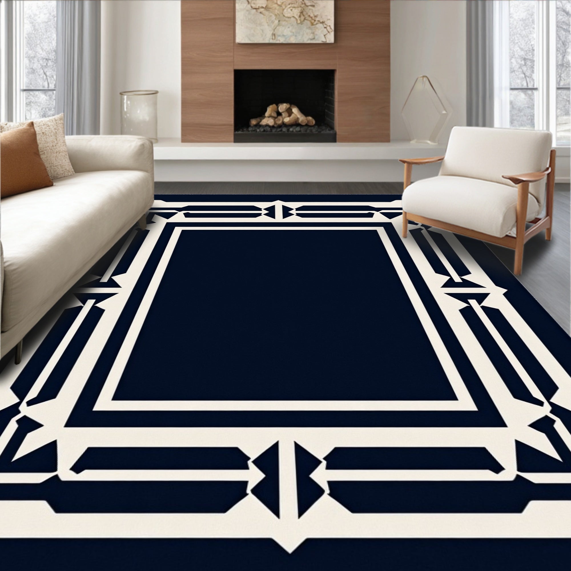 Bold Geometric Border Cream Rug