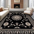 Classic Black Floral Sunburst Border Rug