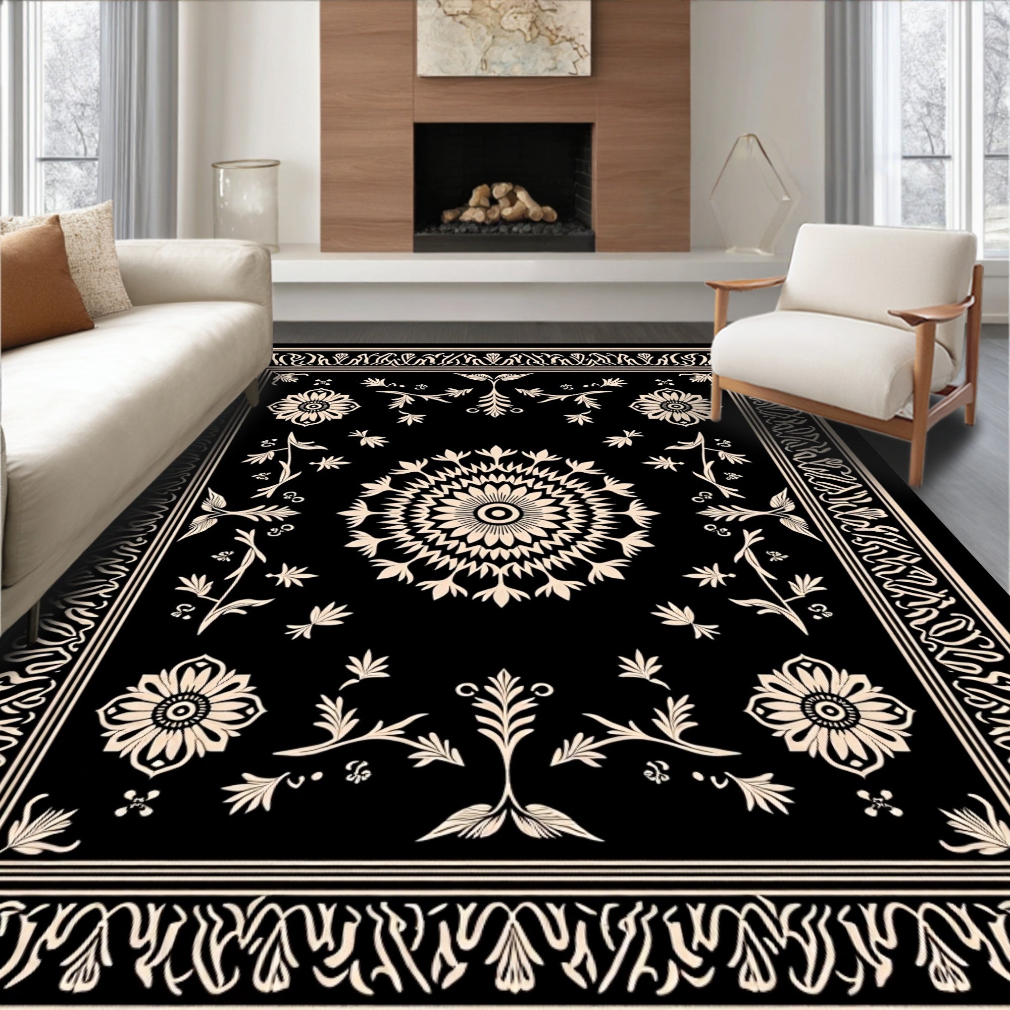 Classic Black Floral Sunburst Border Rug