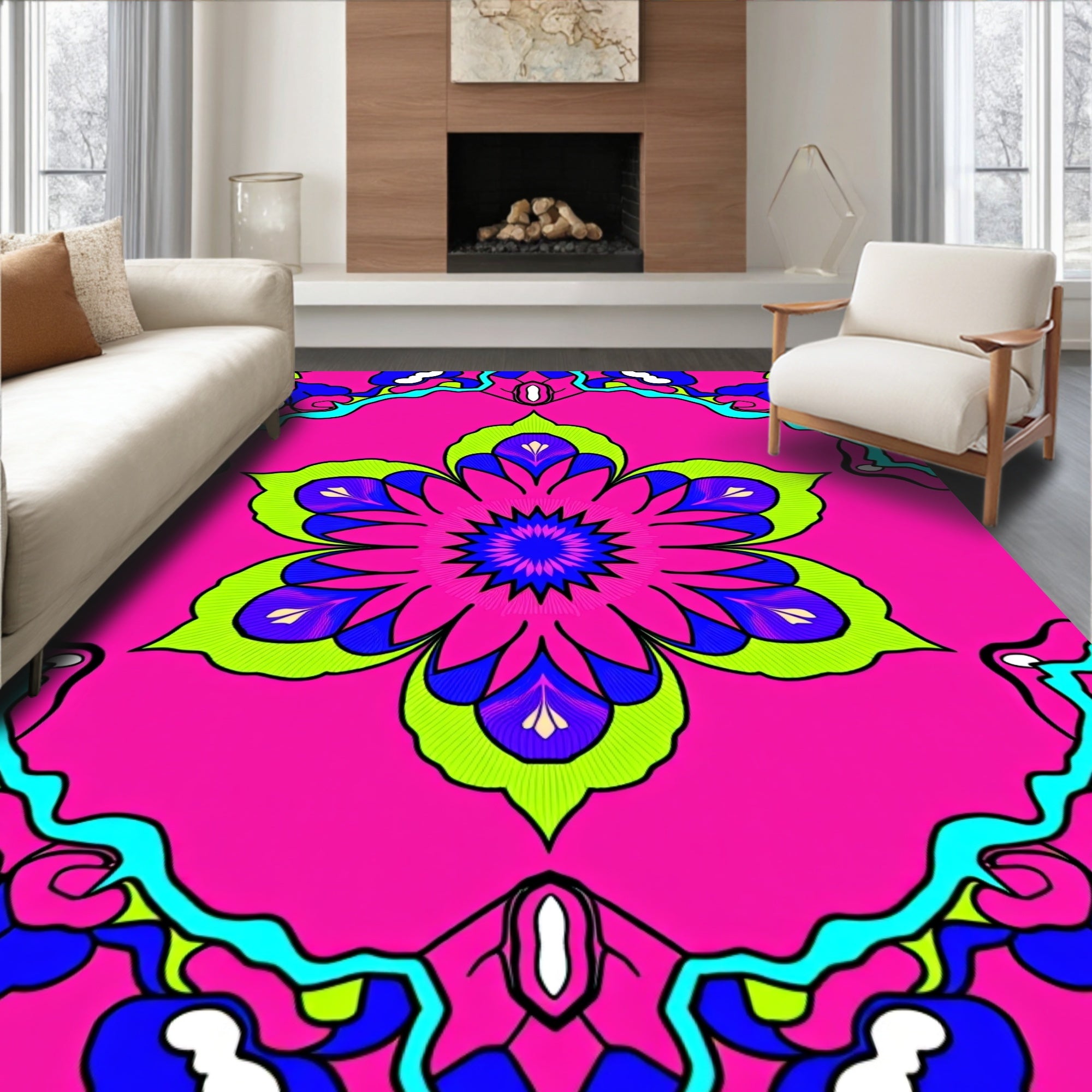 Vibrant Floral Kaleidoscope Pattern Rug