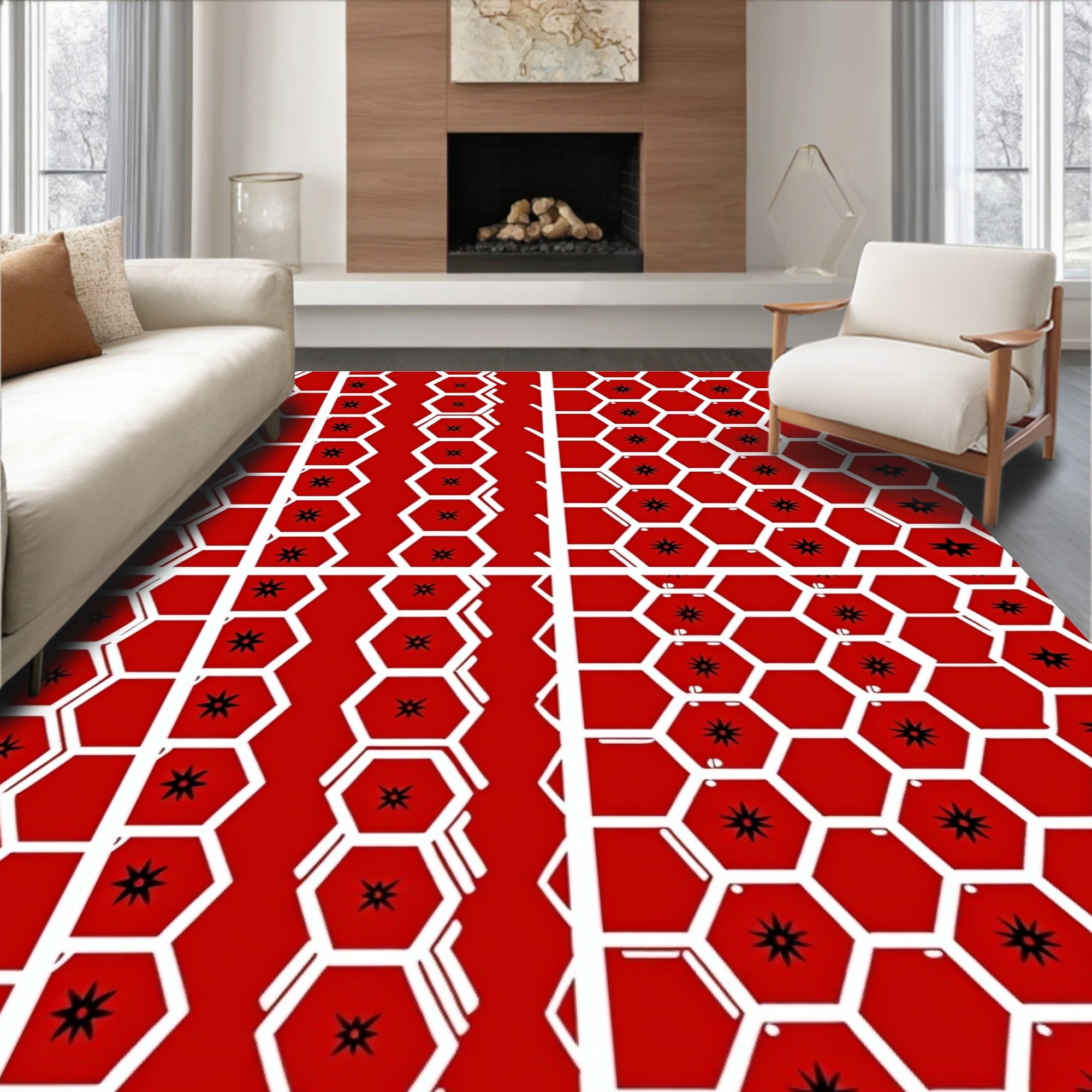 Red Hexagonal Star Pattern Rug