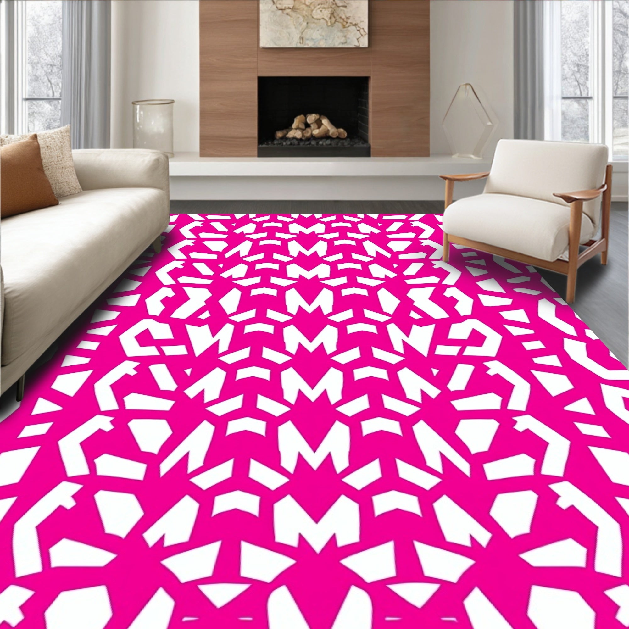 Hot Pink White Geometric Pattern Rug
