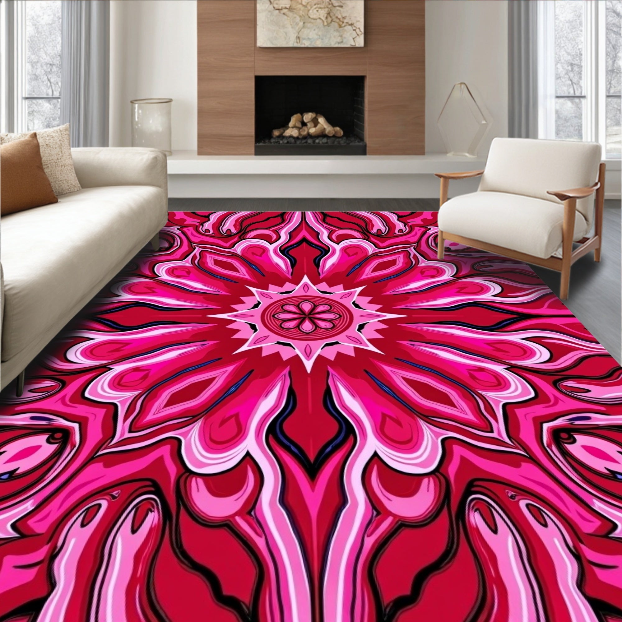 Vivid Pink Floral Kaleidoscope Pattern Rug