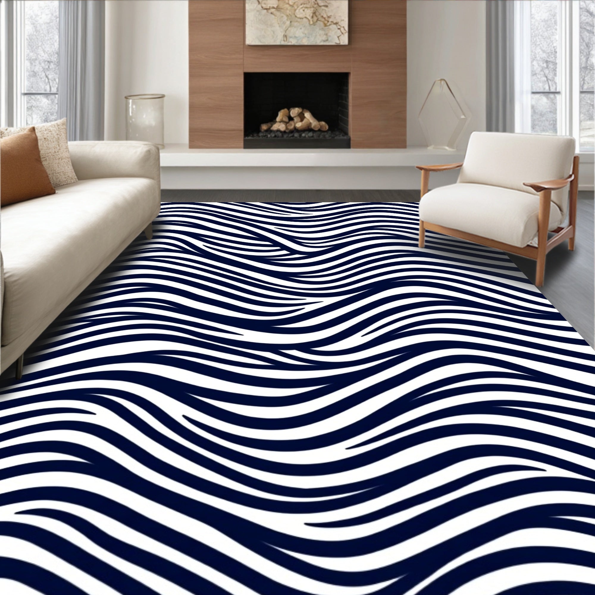 Bold Navy White Sinuous Wave Rug
