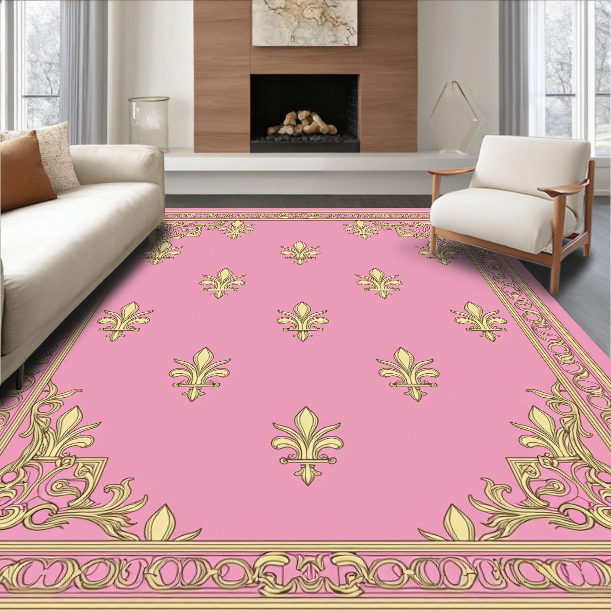 Ornate Pink Fleur de Lis Pattern Rug