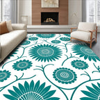 Teal Floral Patterned Decorative Rug
