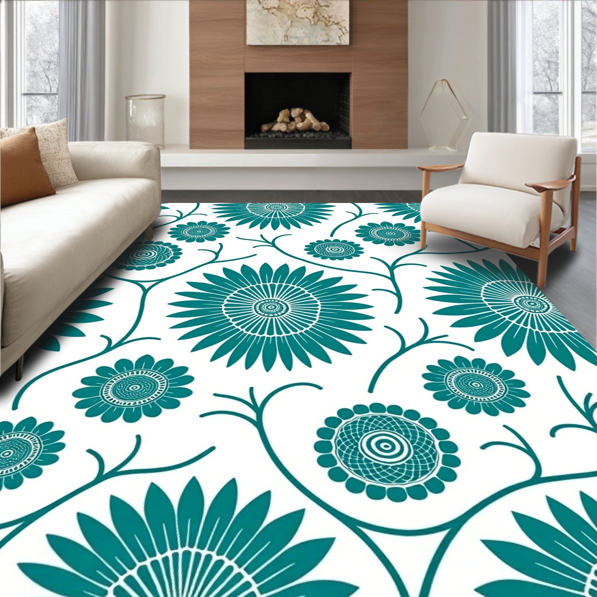 Teal Floral Patterned Decorative Rug
