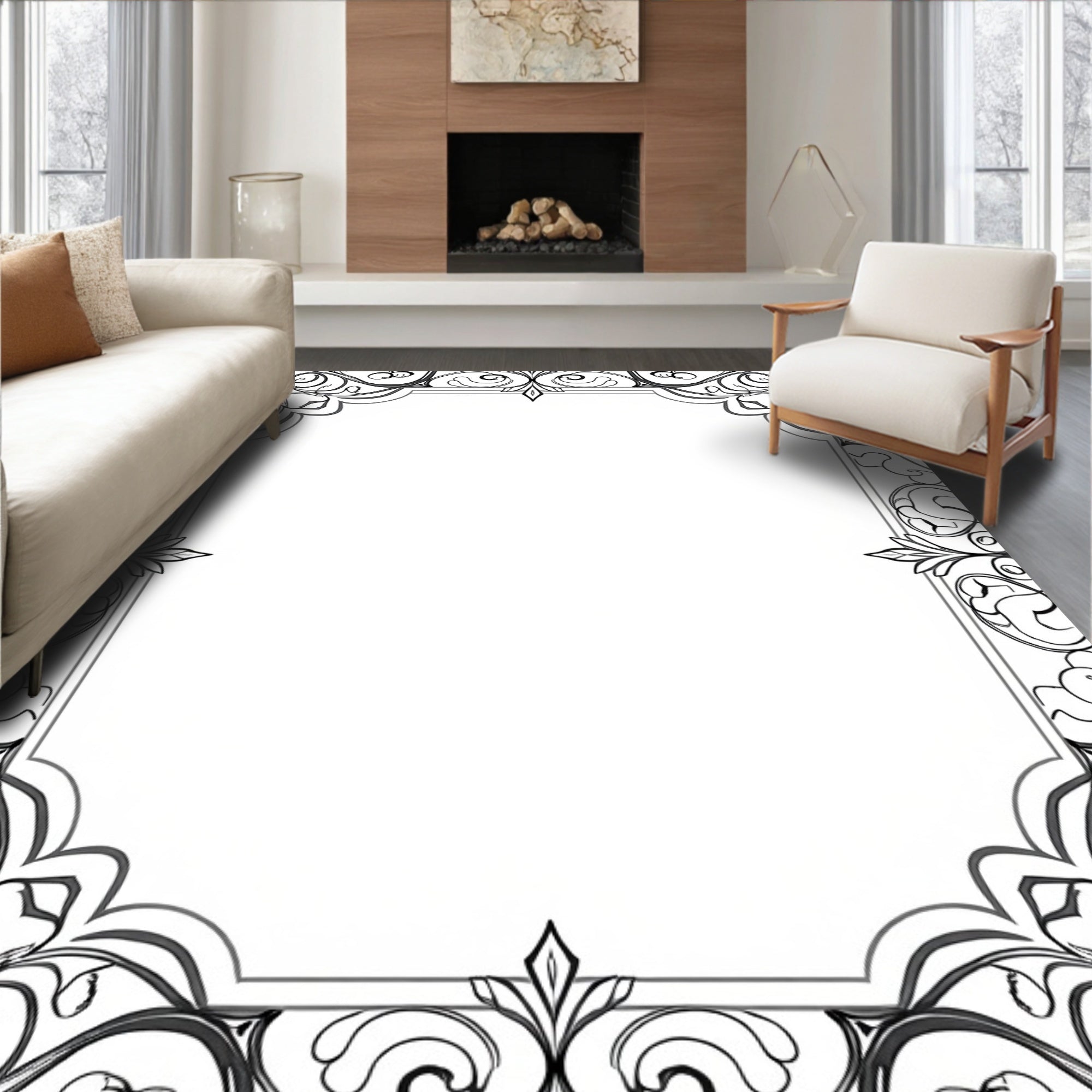 Ornate Scrollwork Black White Pattern Rug