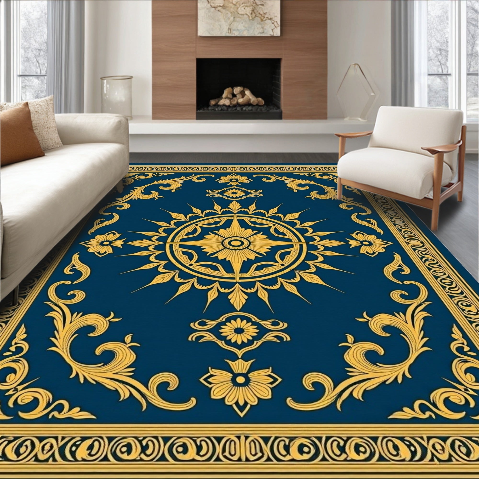 Ornate Floral Medallion Border Design Rug
