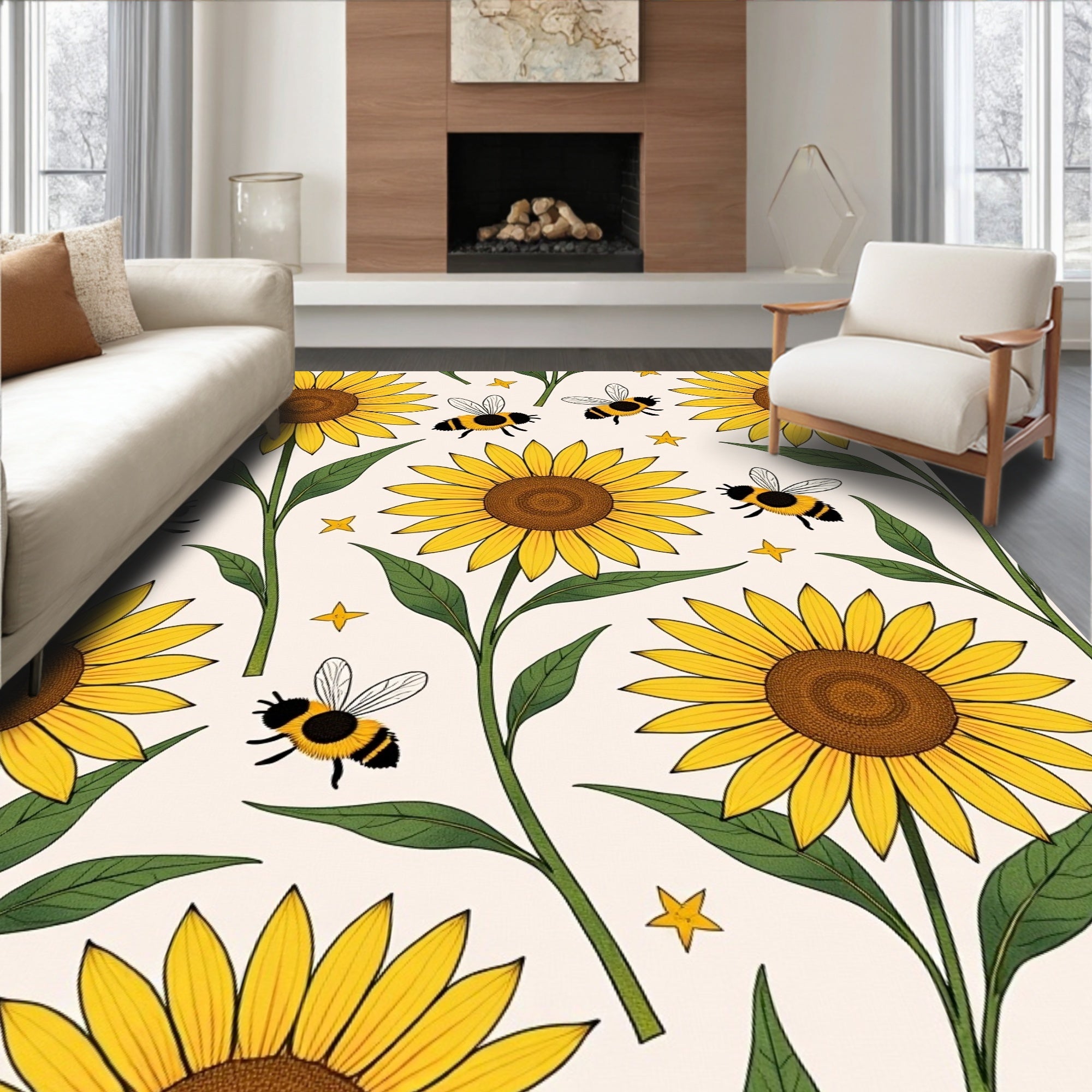 Bright Sunflower Bee Garden Pattern Rug