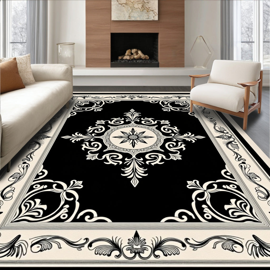 Ornate Black Cream Scrollwork Rug