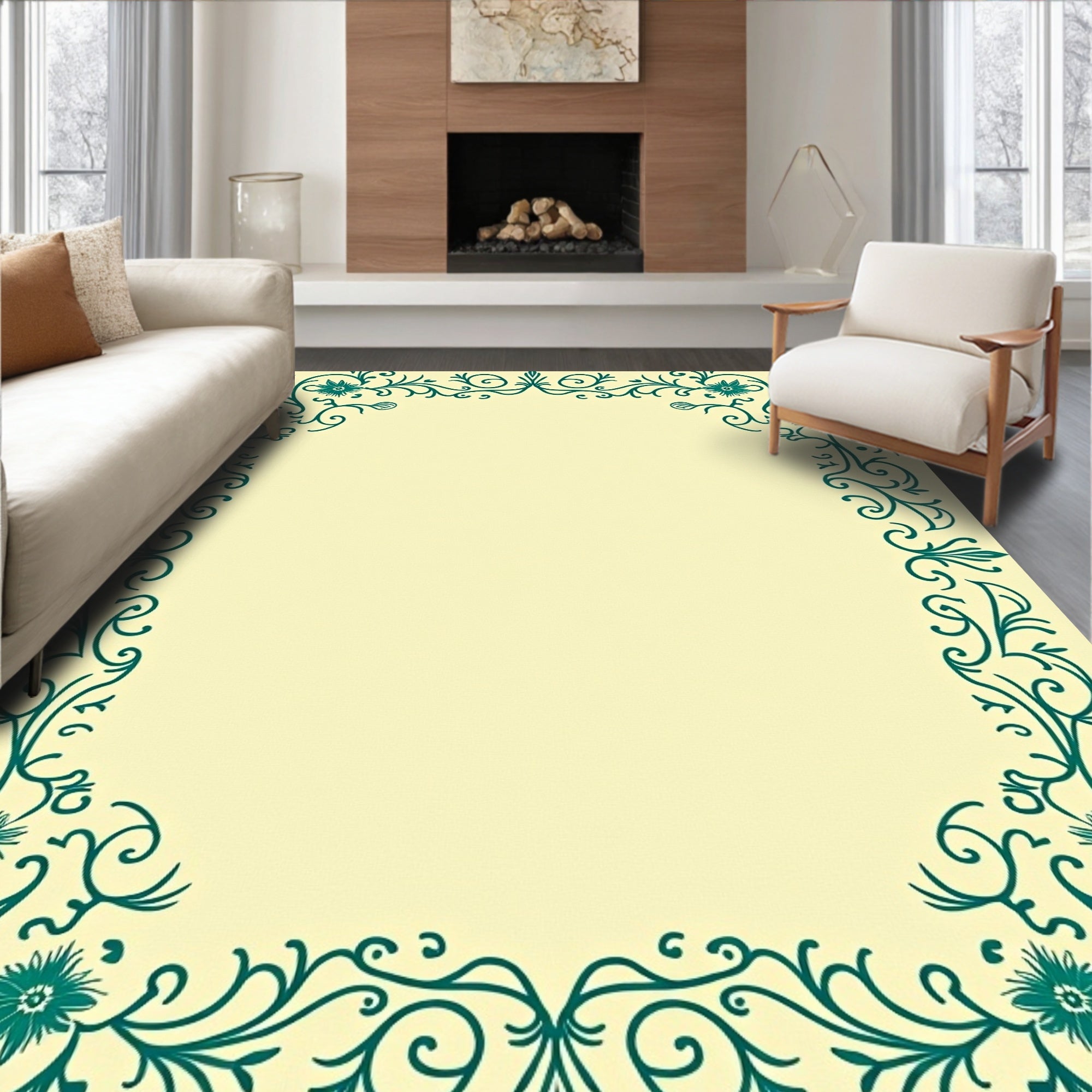 Teal Floral Vine Border Pattern Rug