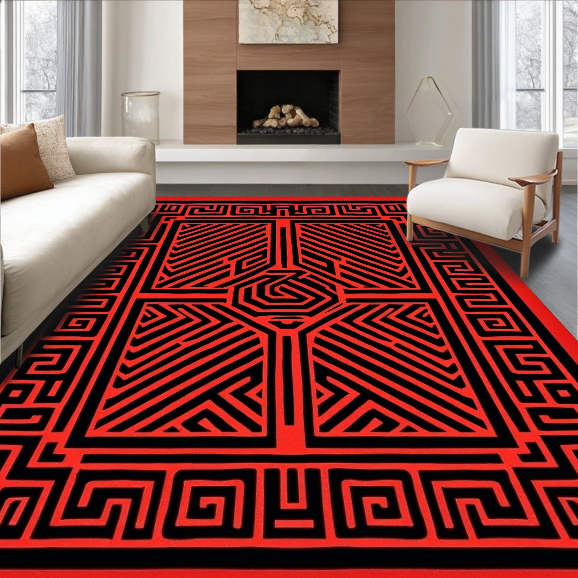 Bold Red Black Geometric Maze Design Rug
