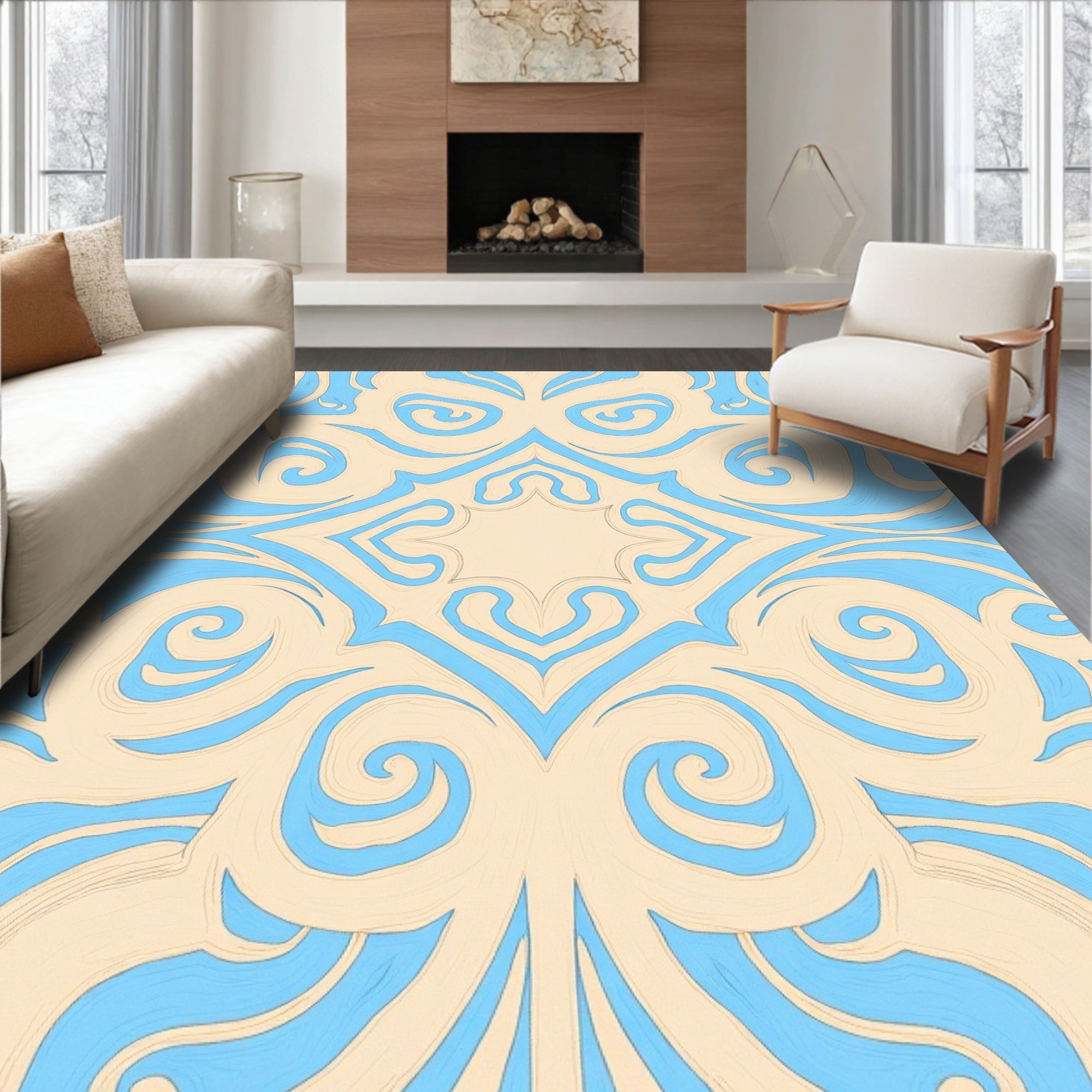 Elegant Blue Swirl Pattern Tile Rug
