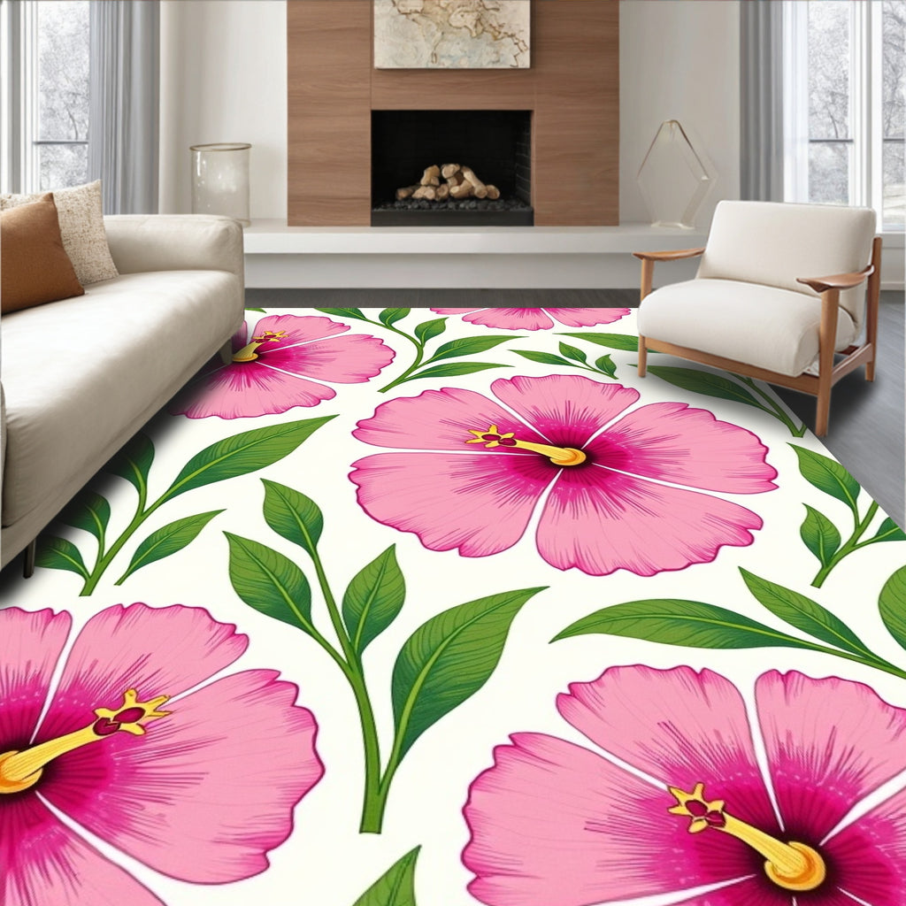 Bright Pink Hibiscus Floral Pattern Rug