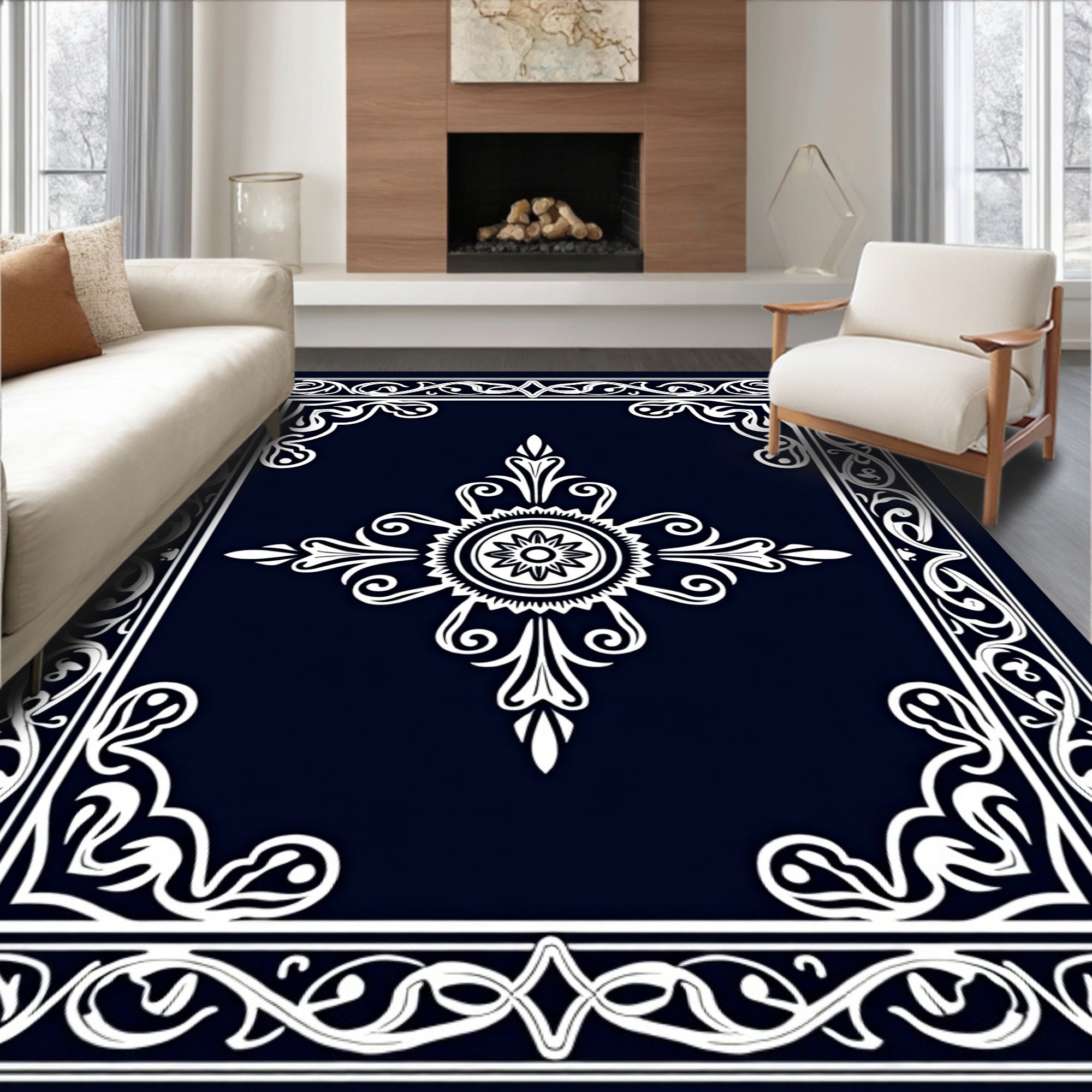 Elegant White Scrollwork With Floral Center Rug
