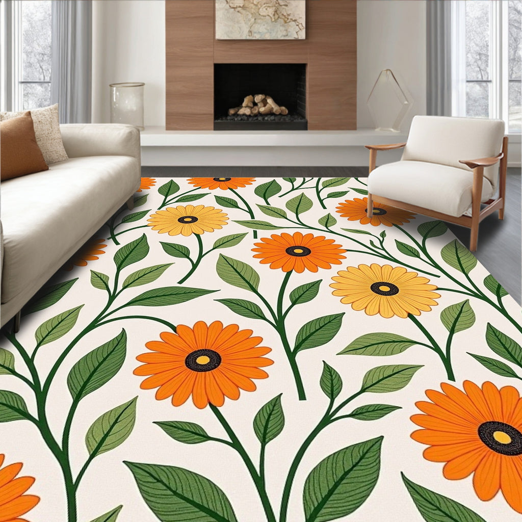 Orange Yellow Floral Vine Pattern Rug