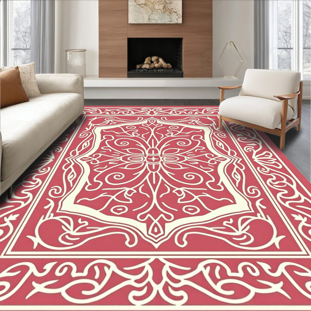 Ornate Floral Pattern Cream Red Rug