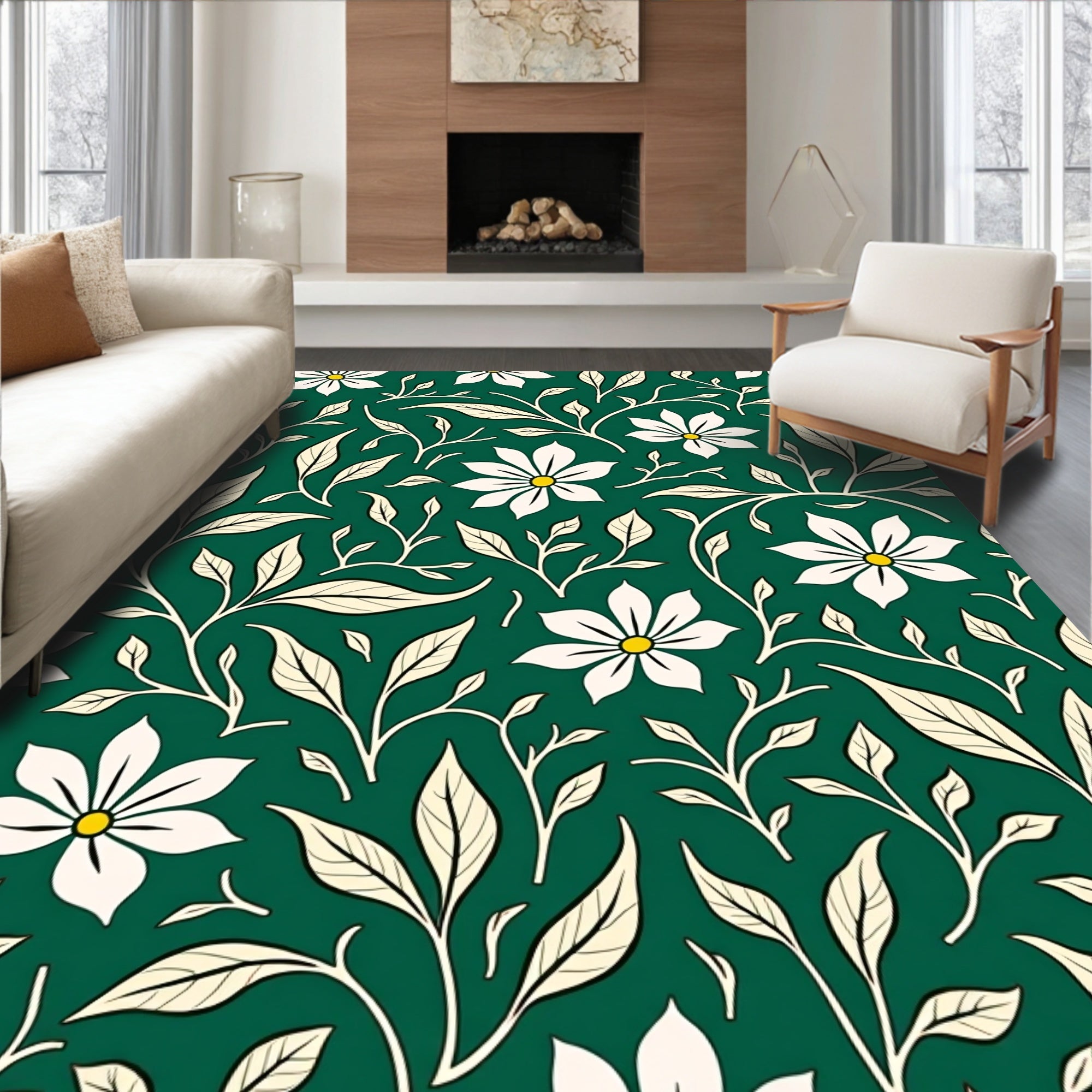 Elegant Cream Floral Vine Pattern Rug