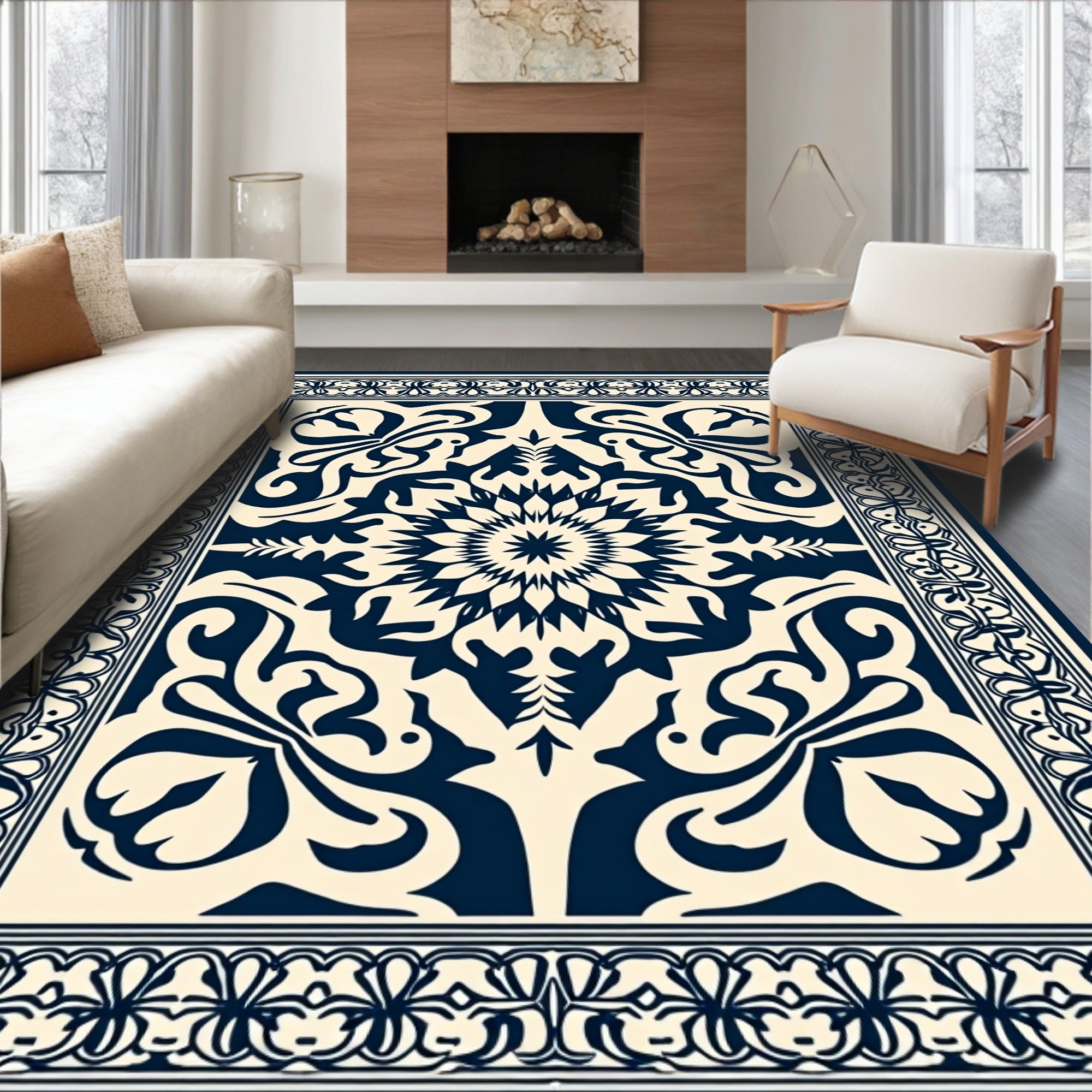 Classic Blue Floral Mandala Pattern Design Rug