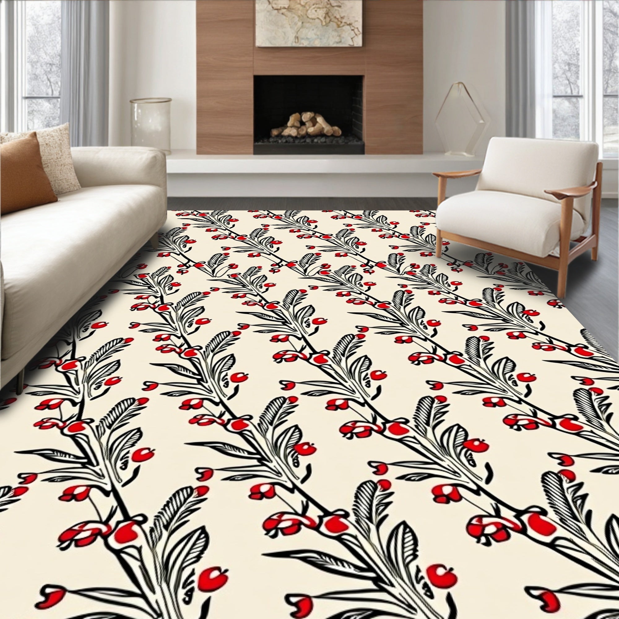 Red Berry Branch Pattern Rug