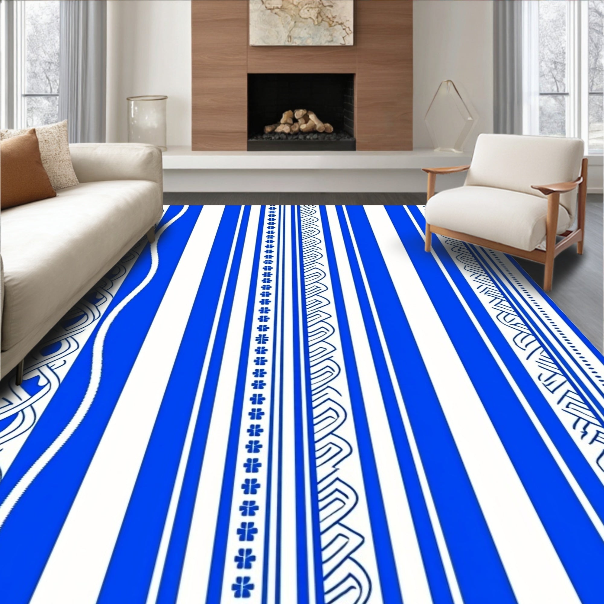 Elegant Blue White Stripe Pattern Rug