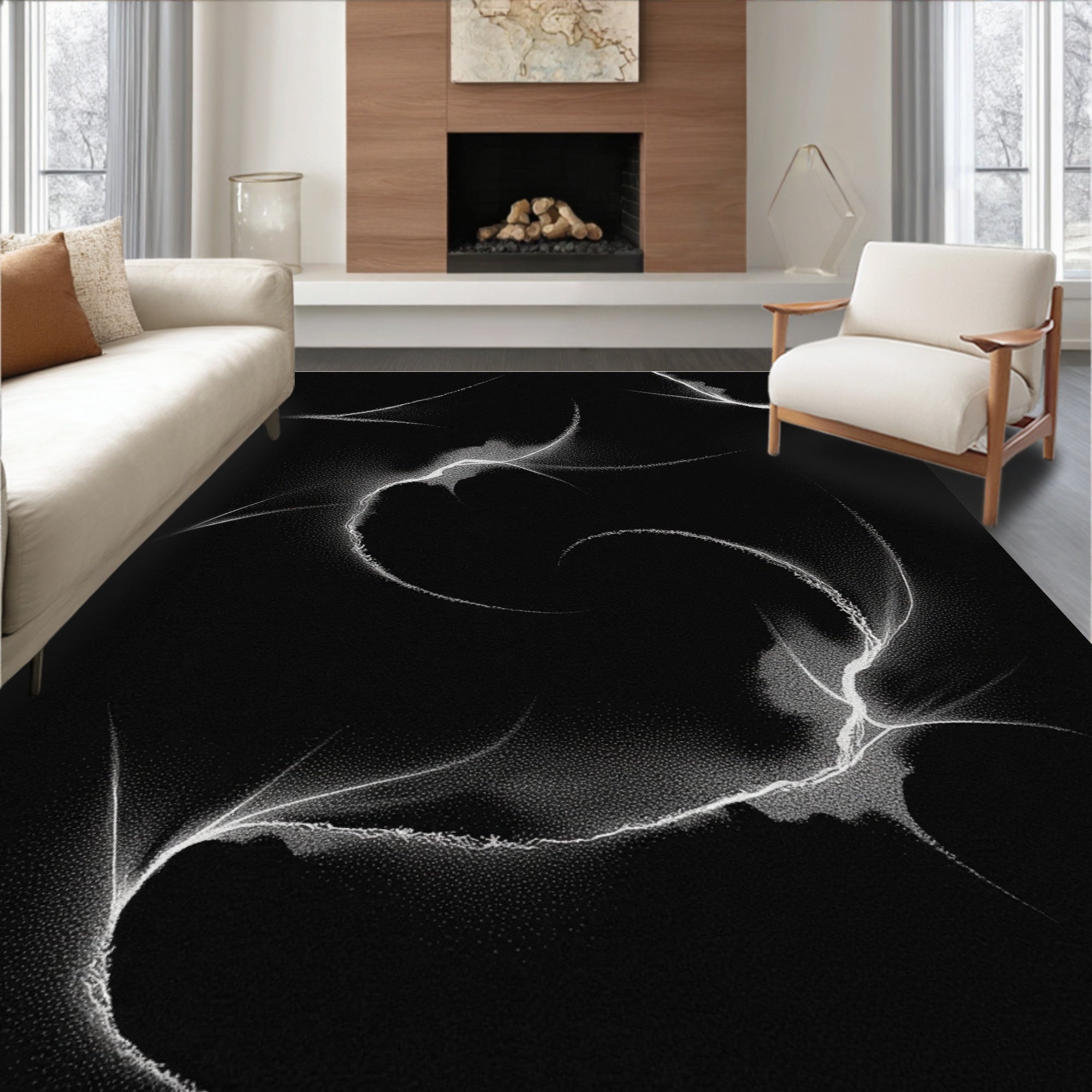 Abstract White Swirls Dark Background Rug