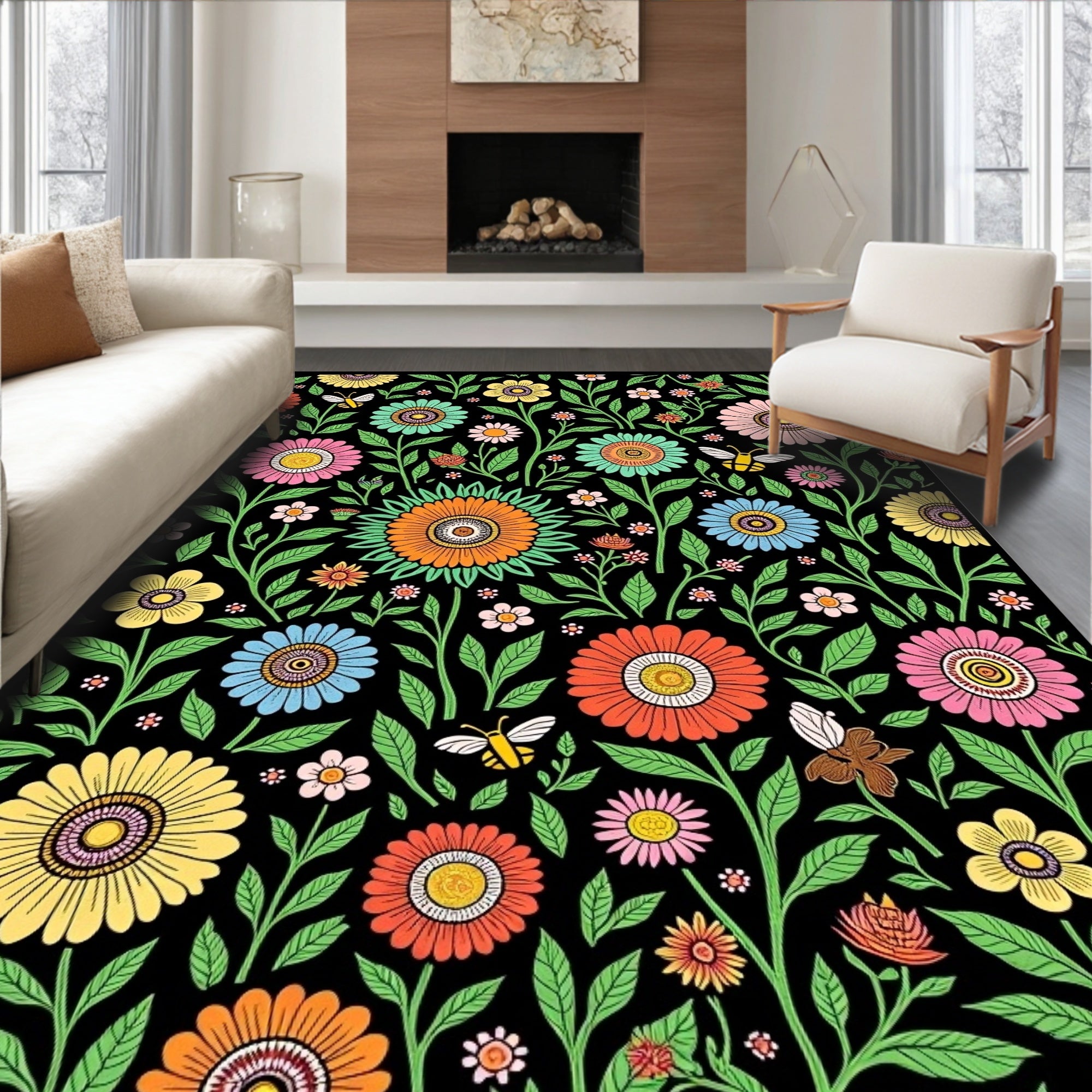 Whimsical Floral Bee Garden Pattern Rug