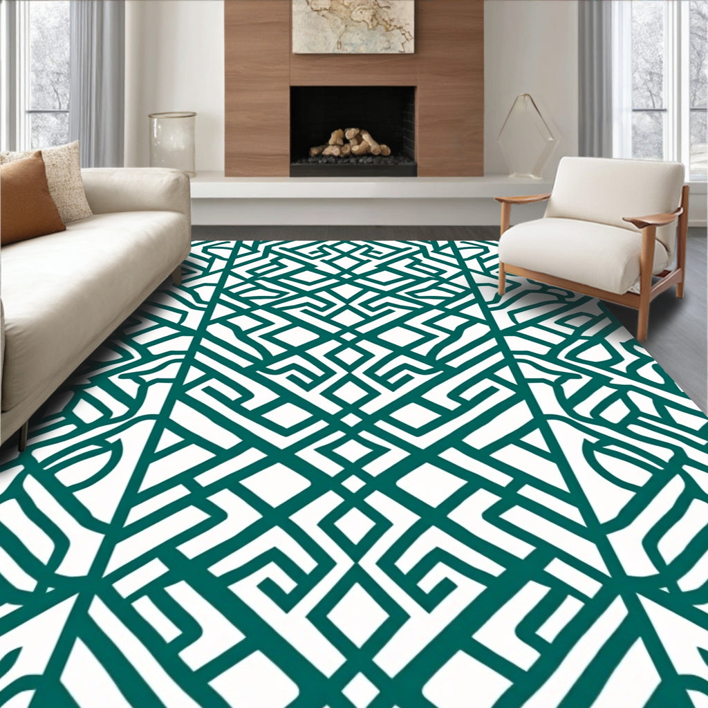 Geometric Teal And White Labyrinth Pattern Rug