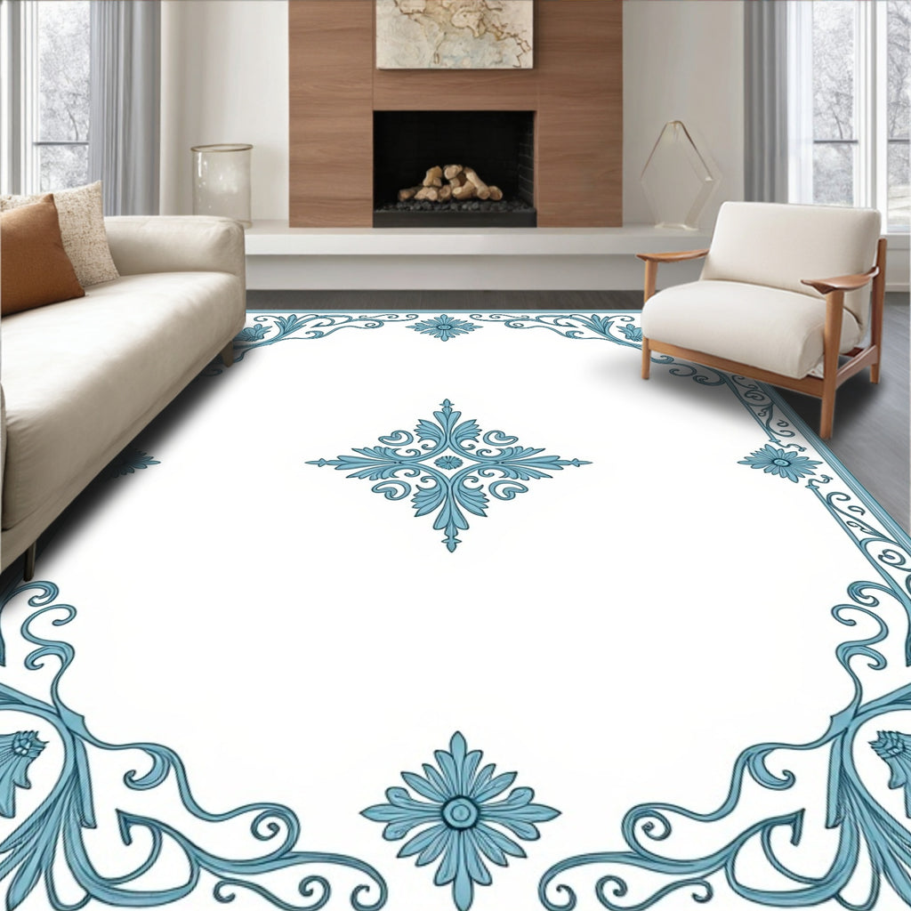 Elegant Blue Floral Scrollwork Design Rug