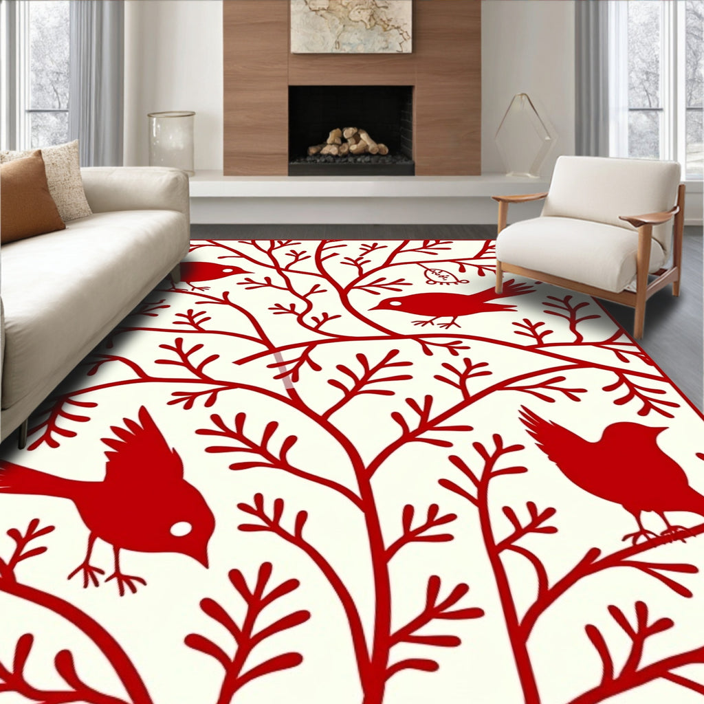 Red Birds Branches Decorative Accent Rug
