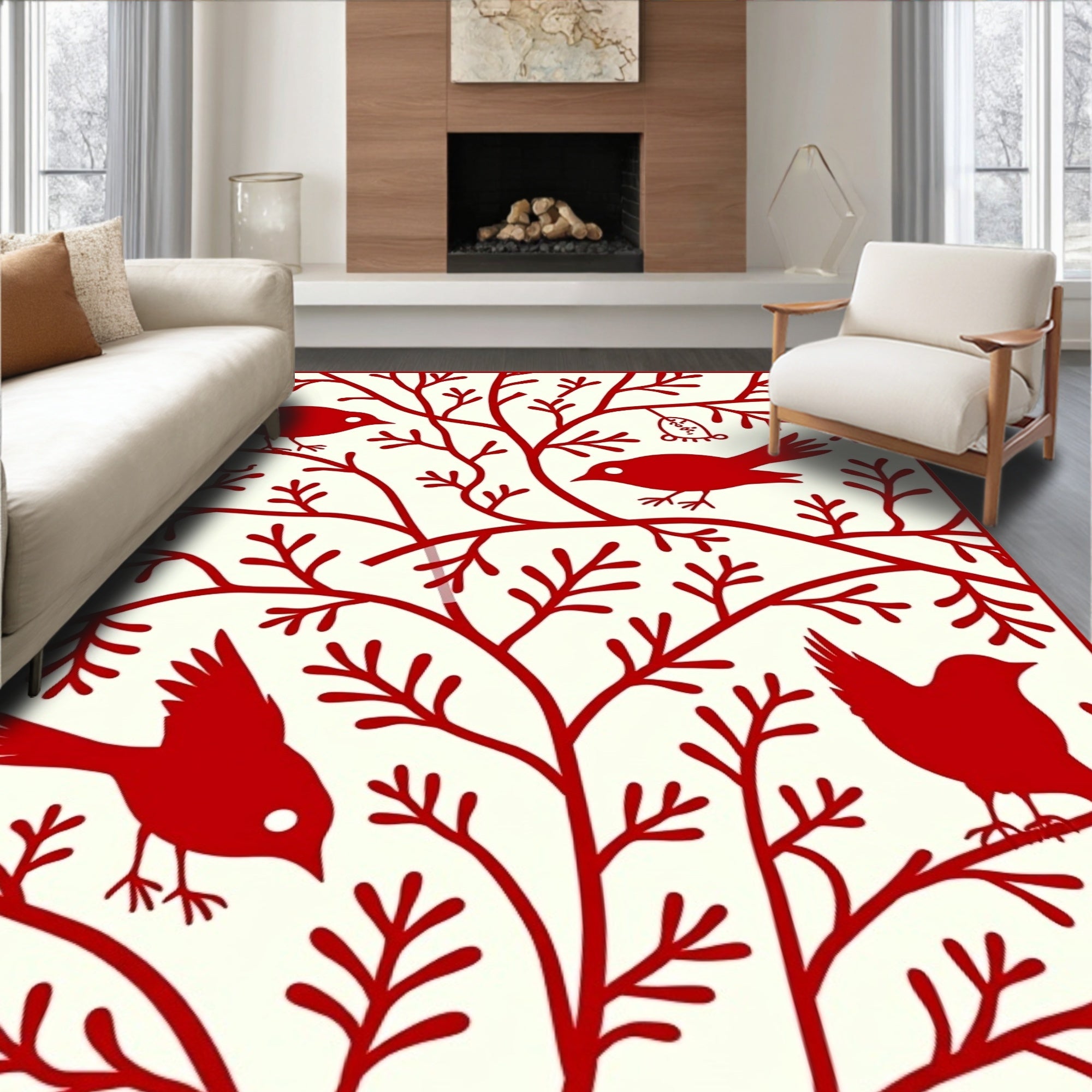 Red Birds Branches Decorative Accent Rug