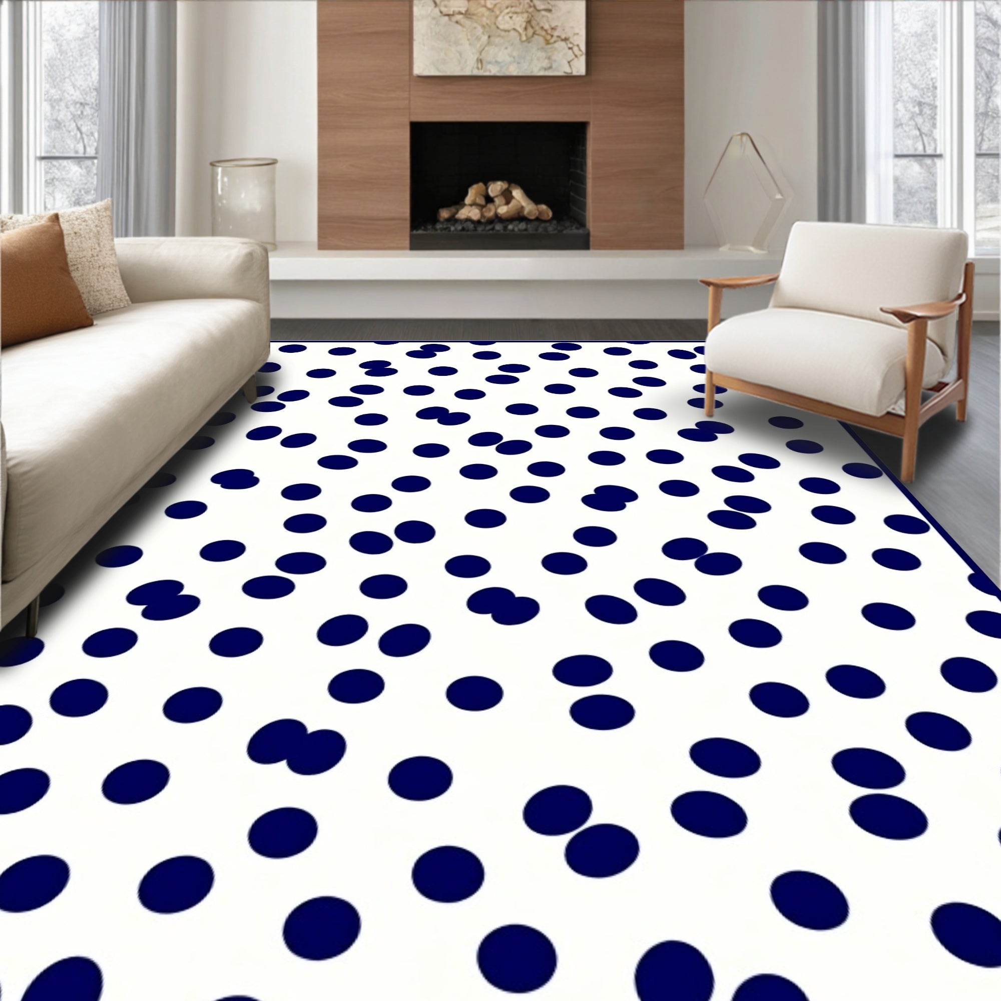Navy Blue Scattered Polka Dot Pattern Rug