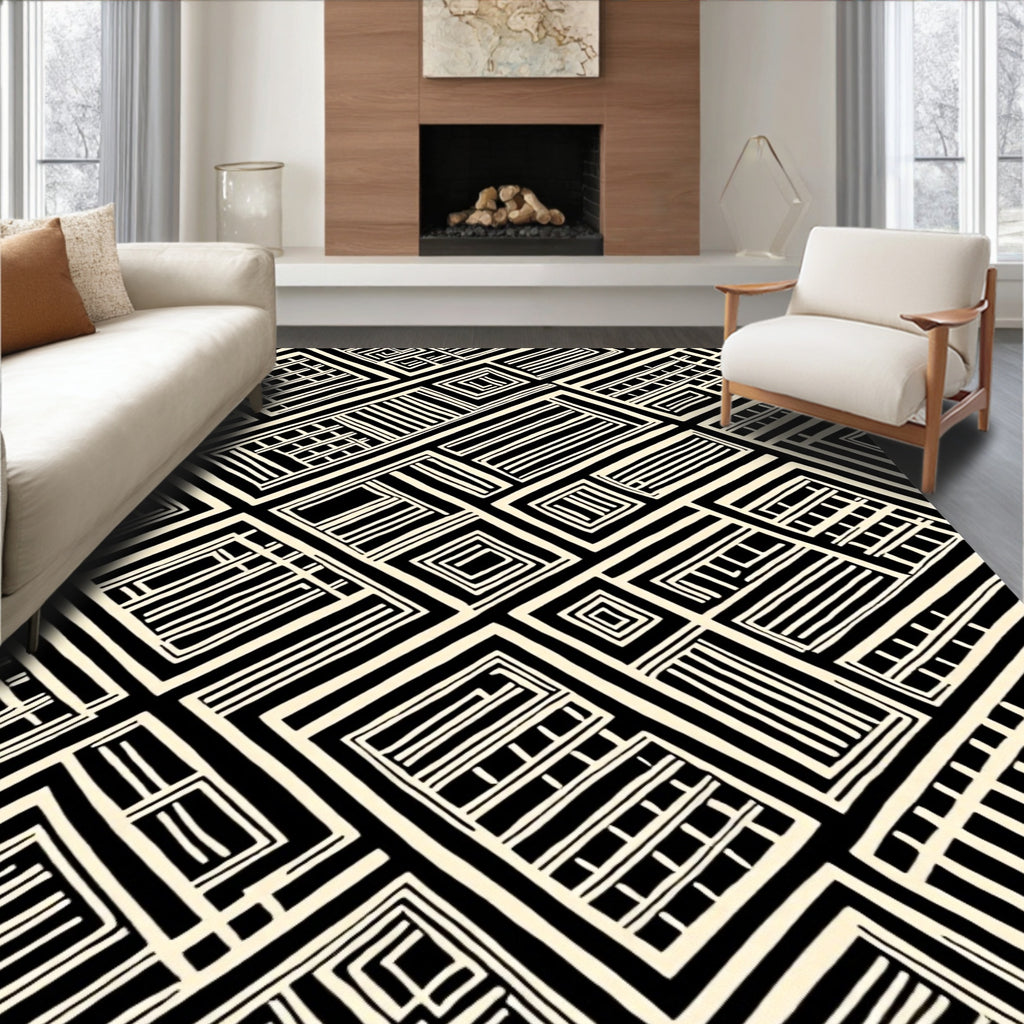 Geometric Grid Black Cream Pattern Rug