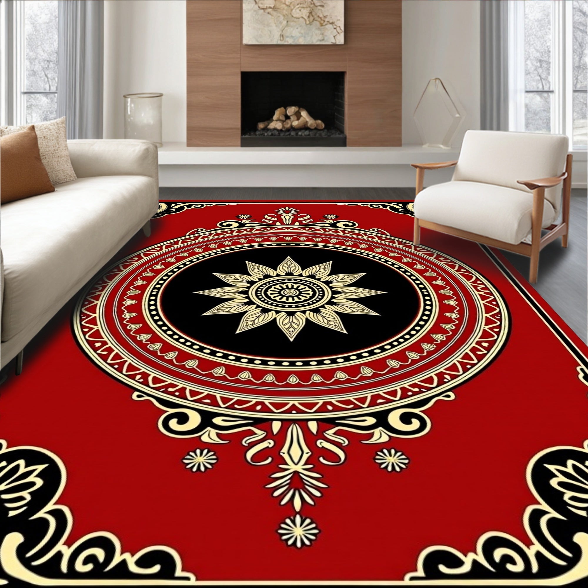 Ornate Red Floral Mandala Pattern Rug