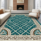 Teal White Geometric Floral Border Rug