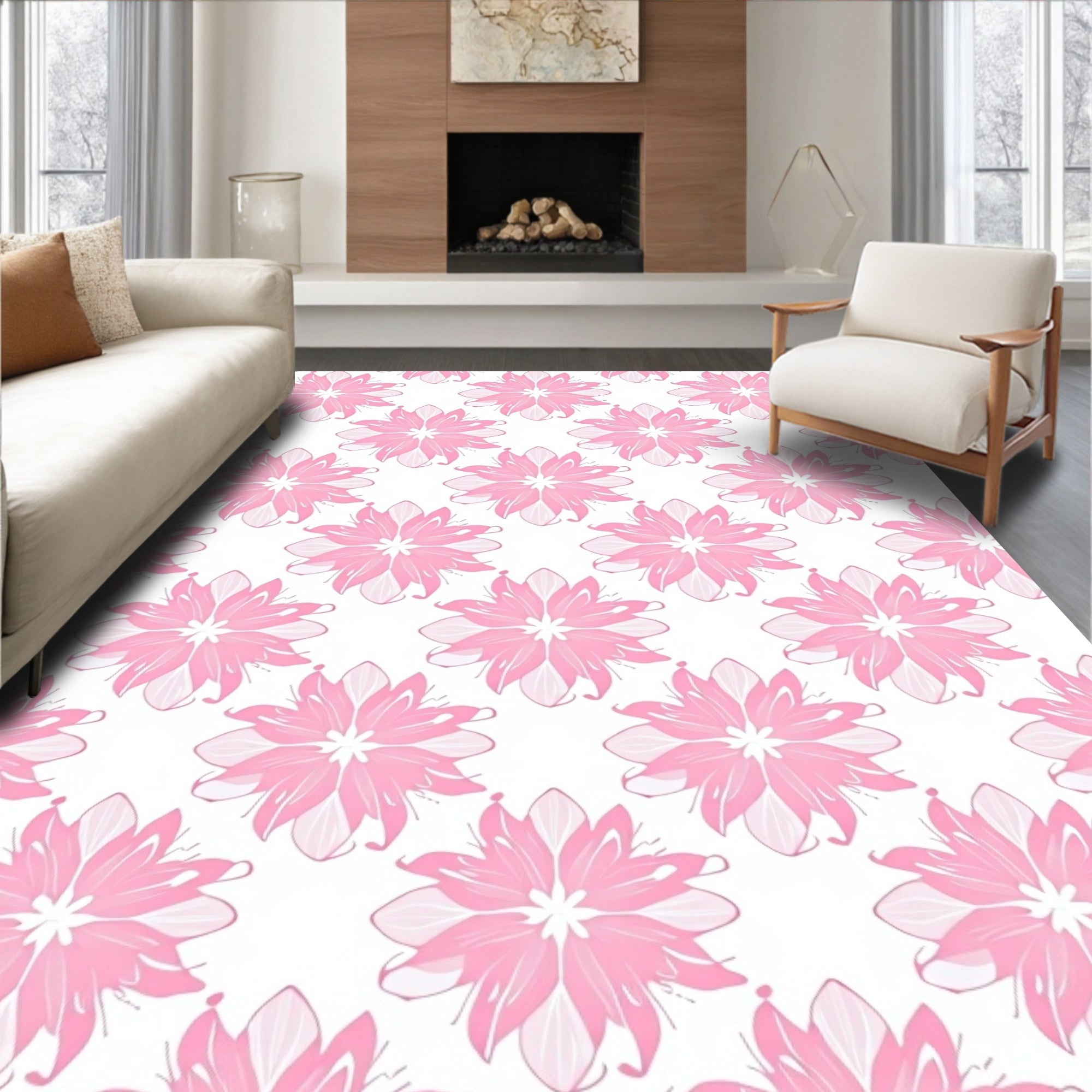 Pink Floral Patterned Abstract Design Rug