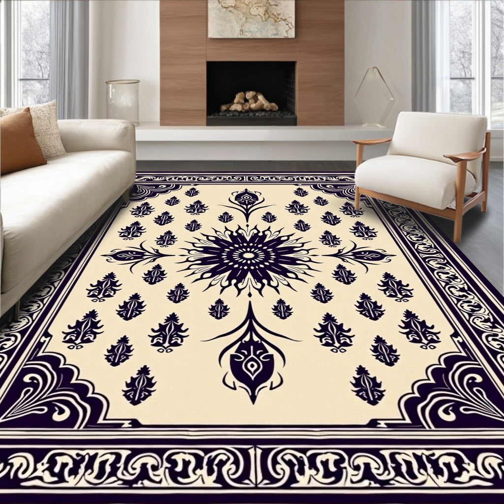 Dark Floral Medallion Border Design Rug